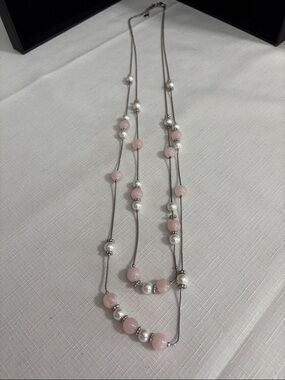 Double Strand Pink Bead & Silver Accent Necklace